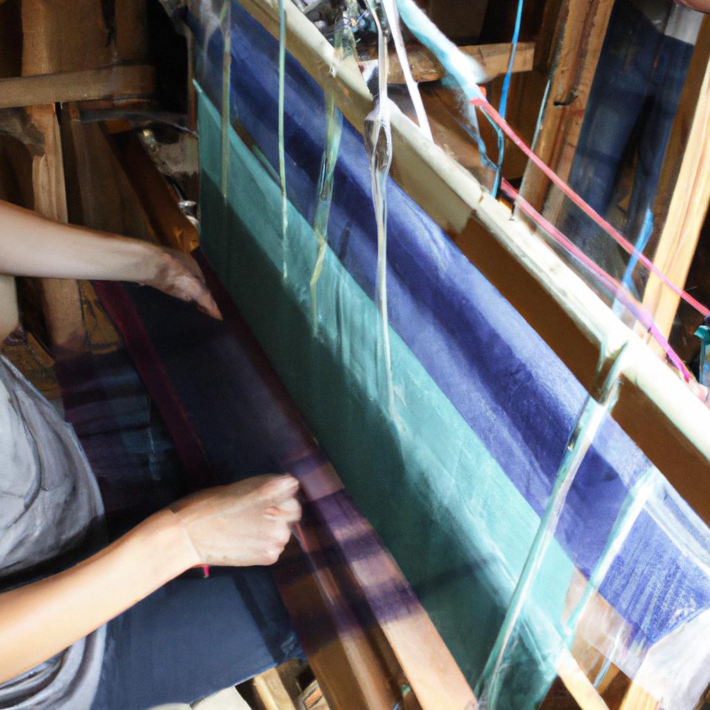 Person weaving fabric on loom